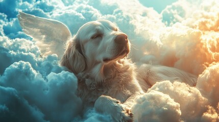 a dog in heaven in the clouds in paradise after death happy resting eternal life of the soul white a