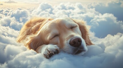 A dog in heaven in the clouds in paradise after death happy resting eternal life of the soul White Angel generated ai