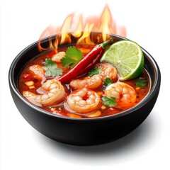 Wall Mural - hot super spicy Thai shrimp tom yum soup, with lime, shrimp, big chilie on top outside of bowl, look yummy tasty, fire around bowl