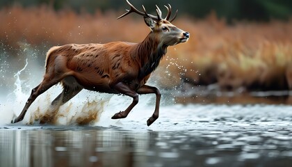 Wall Mural - Dynamic close-up of a red deer hind sprinting through shimmering water