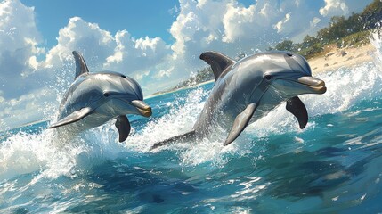 Two Dolphins Jumping Out of the Water