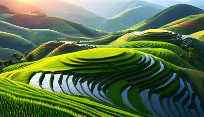 Sticker - A beautiful image of terraced fields, exhibiting curved lines of countryside charm.