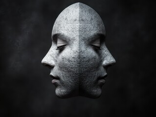 A surreal sculpture features two human faces merging, crafted from textured stone, embodying themes of duality and introspection against a dark background.