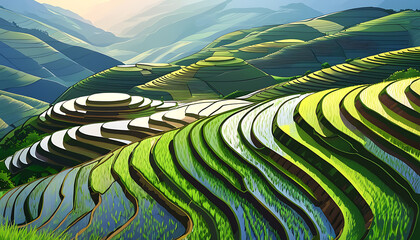 Canvas Print - A beautiful image of terraced fields, exhibiting curved lines of countryside charm.