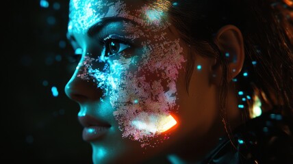 Wall Mural - A close-up of a woman's face illuminated by vibrant, glowing patterns, blending technology with human features in a futuristic aesthetic.