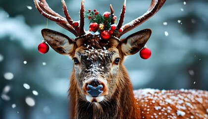 Wall Mural - Majestic red deer stag adorned with festive Christmas baubles amidst a winter wonderland