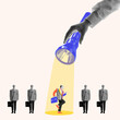 © master1305 - Large hand holding flashlight highlighting unique candidate among other people, emphasizing importance of standing out in hiring process. Artwork. Concept of business, employment and labor, career