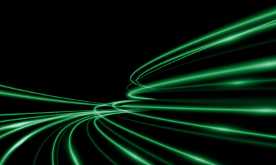 Wall Mural - Abstract green light fast speed curve dynomic motion on black background vector