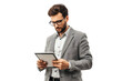 © KING OF PNG - PNG Images, Young professional in smart attire using a tablet, engaged in work or research, against a clean white background, Transparent background.