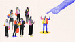 © master1305 - Hand selecting excited man among group of people, indicating successful hiring and feeling of being chosen for position. Contemporary art collage. Concept of business, employment and labor, career