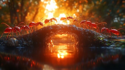 Wall Mural - Red ants form a bridge over a stream at sunset.