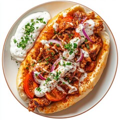 Wall Mural - top view of mouthwatering Turkish flavors with Chicken DÃ¶ner Ä°skender, where tender chicken dÃ¶ner is combined with a special blend of spices, poured over crispy Turkish pide bread cooked with butte