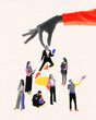 © master1305 - Giant hand picking up woman from group of candidates, highlighting selection of best candidate for the job. Contemporary art collage. Concept of business, employment and labor, career