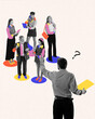 © master1305 - Man in front of group of people reviewing documents and information, with question mark floating near, symbolizing decision-making and leadership in hiring. Concept of business, employment and labor