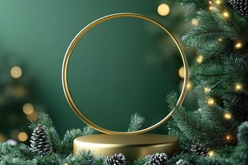 golden circle on podium with pine branches and festive lights