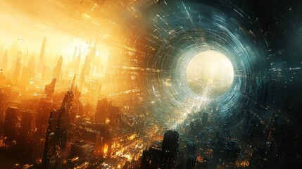 A massive transparent glass dome with concentric architectural layers, set in a sprawling metropolis, reflecting sunlight, Futuristic, Digital Painting, High-contrast lighting