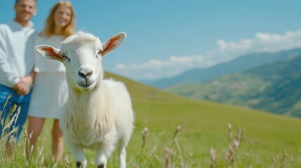 Canvas Print - A couple standing in a field with their sheep, looking at the camera, AI