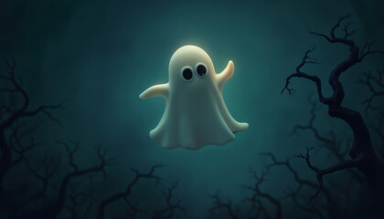 Cute ghost in the night forest, Halloween party, dark and moonlight