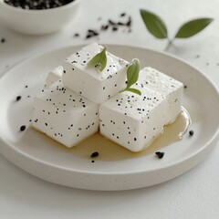 Wall Mural - white plate with white feta cheese and oile and black seed