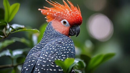 A close-up portrait of a red-capped parrot with a bright red crest and black and white speckled feathers.