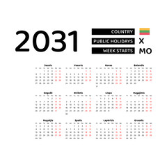 Wall Mural - Calendar 2031 Lithuanian language with Lithuania public holidays. Week starts from Monday. Graphic design vector illustration.