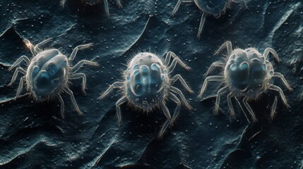 Poster - Microscopic mites are observed crawling on a textured surface, showcasing their intricate anatomy and movement