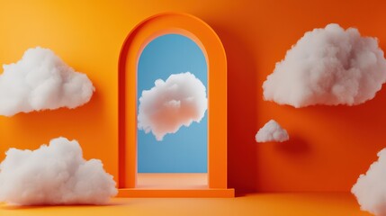 Surreal Orange Red Room with Clouds and Archway