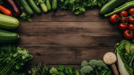 Healthy food concept. Frame of fresh vegetables on rustic wooden background with copy space