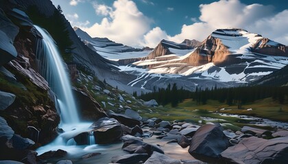 Wall Mural - Cascading Waterfall Over Rocky Mountain Terrain with Vivid Contrast and Double Exposure Silhouette of Naga