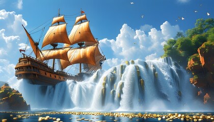 Wall Mural - Majestic ship sailing through a waterfall of shimmering silver coins, symbolizing wealth and adventure under a bright blue sky