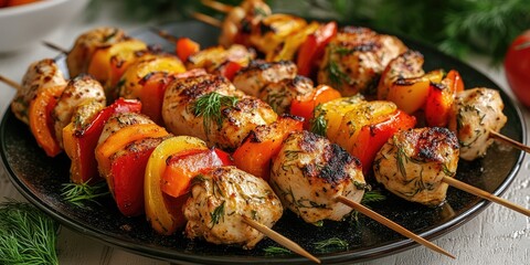 Chicken skewers with slices of sweet peppers and dill --ar 2:1 --v 6.1 Job ID: 9cae2902-ad21-4c3b-abb3-872b46378dd4