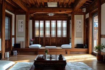 Warm and traditional Korean Hanok interior.