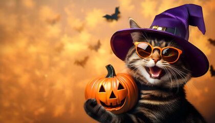 cat, halloween, pumpkin, autumn, new, with, holding, copy space, space, for, text, costume, hat, witch, black, holiday, orange, illustration, vector, scary, cartoon, animal, witch, october, 3d, ad, 1,