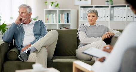 Poster - Therapy, argument and couple on sofa for counseling session, consulting and advice in office. Psychology, meeting and man and woman on couch for marriage crisis, relationship and communication issue