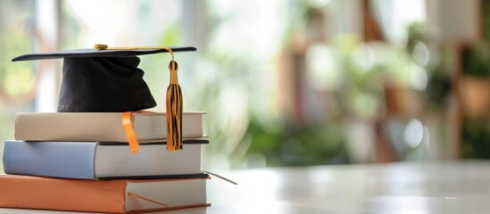 A stack of books with a graduation cap on top and a diploma next to it