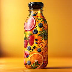 Wall Mural - A bottle of juice with a colorful design of fruits on it. The bottle is made of glass and has a black cap. The fruits on the bottle include oranges, strawberries, and blueberries