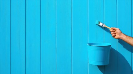 Wall Mural - A man painting a blue wall with paint and holding the brush, AI