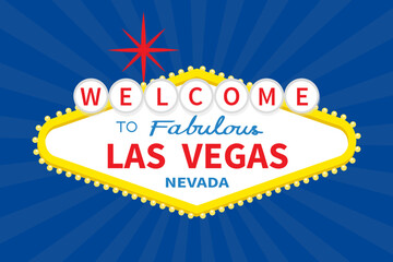 Welcome to Las Vegas sign icon. Red star. Nevada sight showplace symbol. Template for greeting card, banner, sticker print. Flat design. Isolated. Blue abstract background. Light of sunburst. Vector