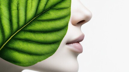 Wall Mural - A woman with a green leaf on her face and neck, AI