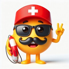 Wall Mural - 3D Happy one mustachioed emoji as a Lifeguard, white background