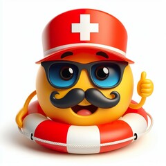 Wall Mural - 3D Happy one mustachioed emoji as a Lifeguard, white background