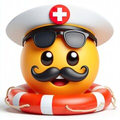 Wall Mural - 3D Happy one mustachioed emoji as a Lifeguard, white background