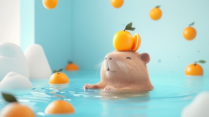 Capybara in Japanese Onsen hot spring with orange,Cute Capybara vector design,Capybara floating in the waterwith a tangerine,Cute capybara bathes in a pond,illustration.