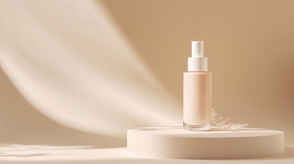 Poster - Elegant skincare product displayed on a minimalist pedestal with soft fabric draping in a warm, neutral-toned setting