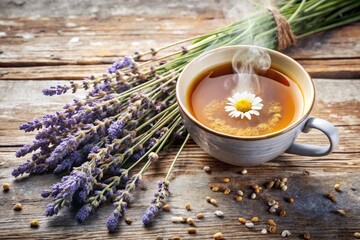 Wall Mural - Steaming herbal tea with lavender and chamomile flowers.