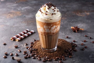 Poster - Creamy iced coffee topped with whipped cream and chocolate sprinkles.