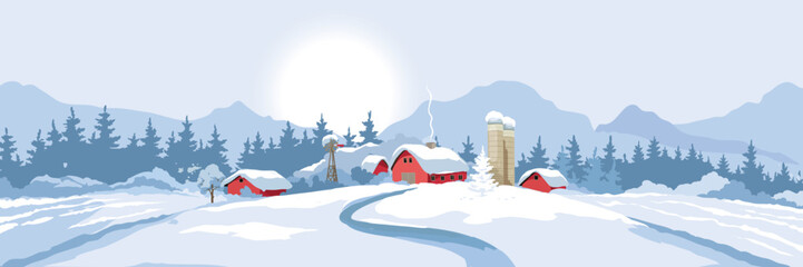 Wall Mural - Abstract winter rural landscape with farm house. Vector illustration, wheat fields and meadows. Christmas time.