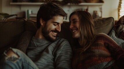 Wall Mural - A warm and intimate moment  a couple on a couch enjoying laughter and shared happiness together