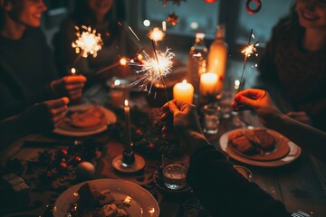 A cozy group gathering around a dinner table, illuminated by warm candlelight and festive sparklers. The scene captures the joy and warmth of holiday celebrations with friends and family.