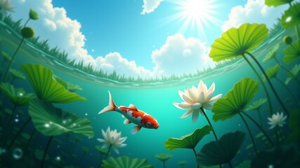 fish swimming under the water with the sun shining through the leaves.